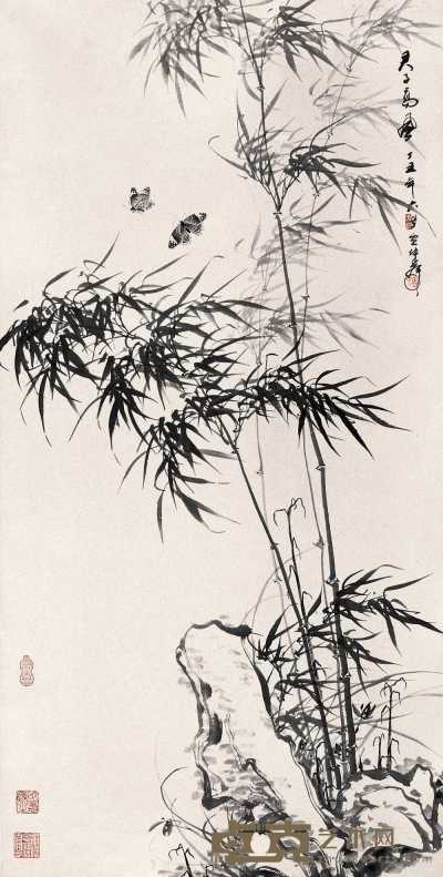 卢坤峰 丁丑（1997年）作 竹石双蝶图 镜心 137×70cm